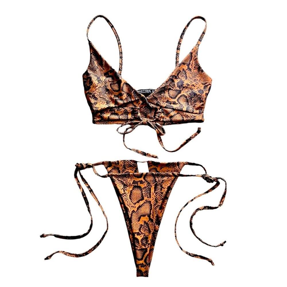 Nasty Gal Snake Print High Cut Thong Bikini size 4 Brown Black NWT
